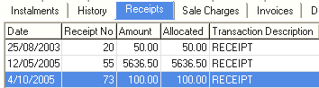 Debtor Maintenance - Receipts tab (cut down)