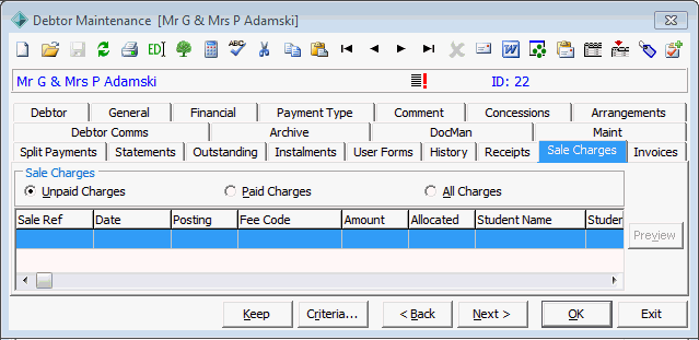 Debtor Maintenance - Sales Charges tab