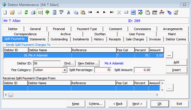 Debtor Maintenance - Split Payments tab