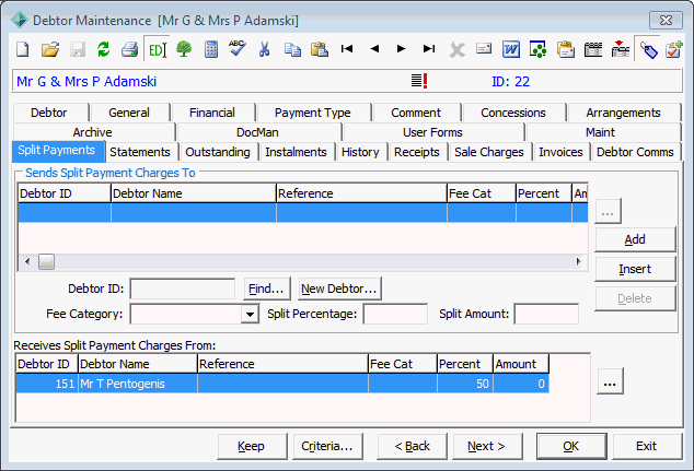 Debtor Maintenance - Split Payments tab