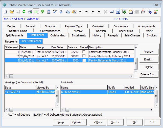 Debtor Maintenance - Statements tab - Prior Statements sub tab