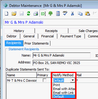 Debtor Maintenance - Statements tab - Reciients sub tab(cut down, notify method highlighted)