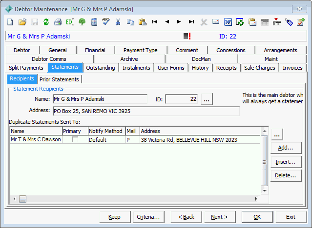 Debtor Maintenance - Statements tab (including Recipients sub-tab)