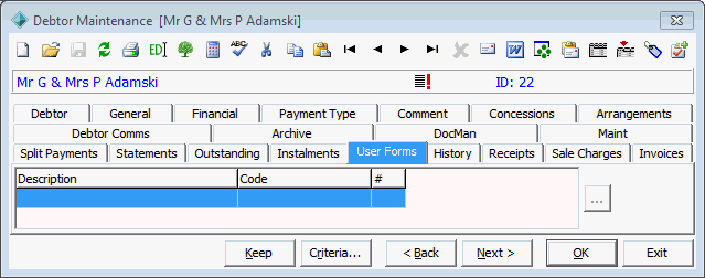 Debtor Maintenance - User Forms tab