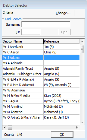 Debtor Selector window