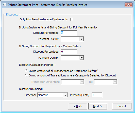 Debtor Statement Print - Discounts window
