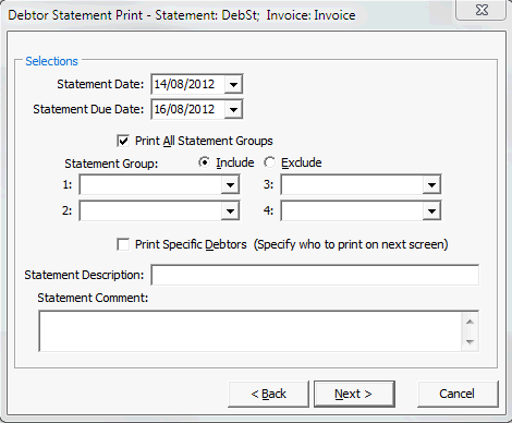 Debtor Statement Print - Selections window