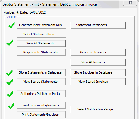 Debtor Statement Print window (Statements emailed)