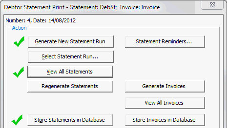 Debtor Statement Print window (Statements stored)