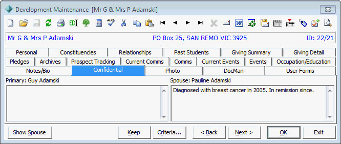 Development Maintenance - Confidential tab