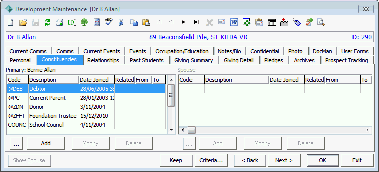 Development Maintenance - Constituencies tab
