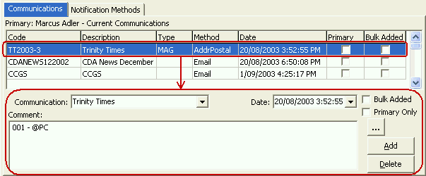 Development Maintenance - Current Comms tab - Communications sub-tab (cut down, grid area-fields relationship)