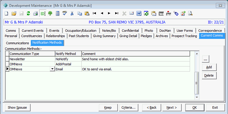 Development Maintenance - Current Comms tab - Notification Methods sub-tab