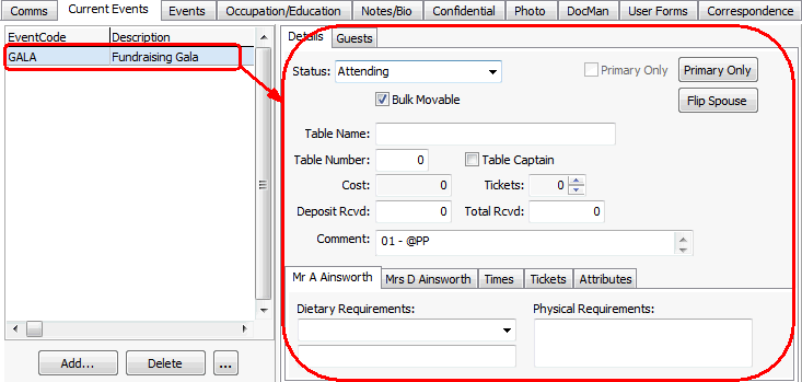 Development Maintenance - Current Events tab (cut down)