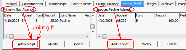Development Maintenance - Giving Detail tab (cut down)