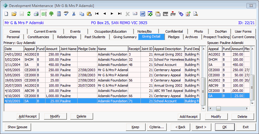 Development Maintenance - Giving Detail tab