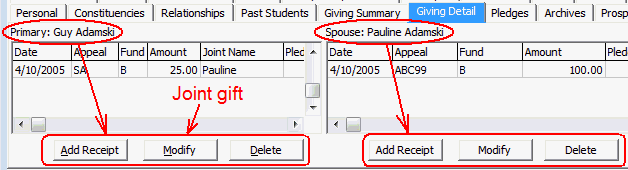 Development Maintenance - Giving Detail tab (cut down)