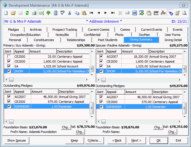 Development Maintenance - Giving Summary tab