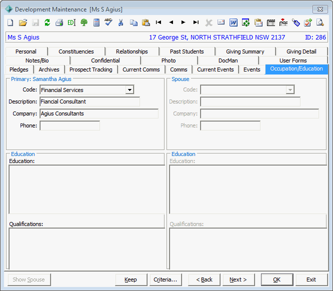 Development Maintenance - Occupation Education tab