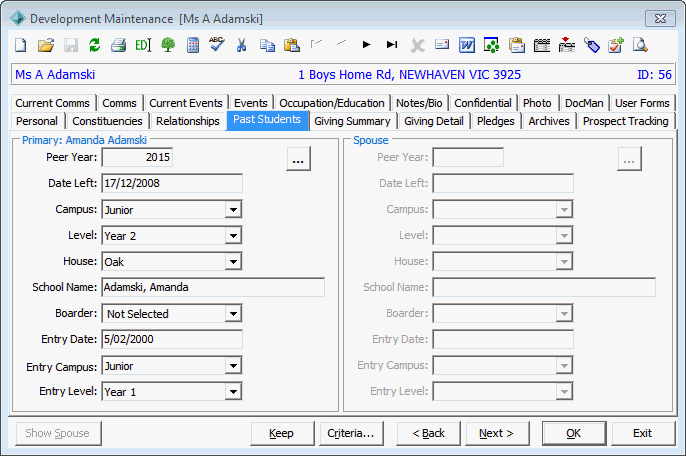 Development Maintenance - Past Students tab