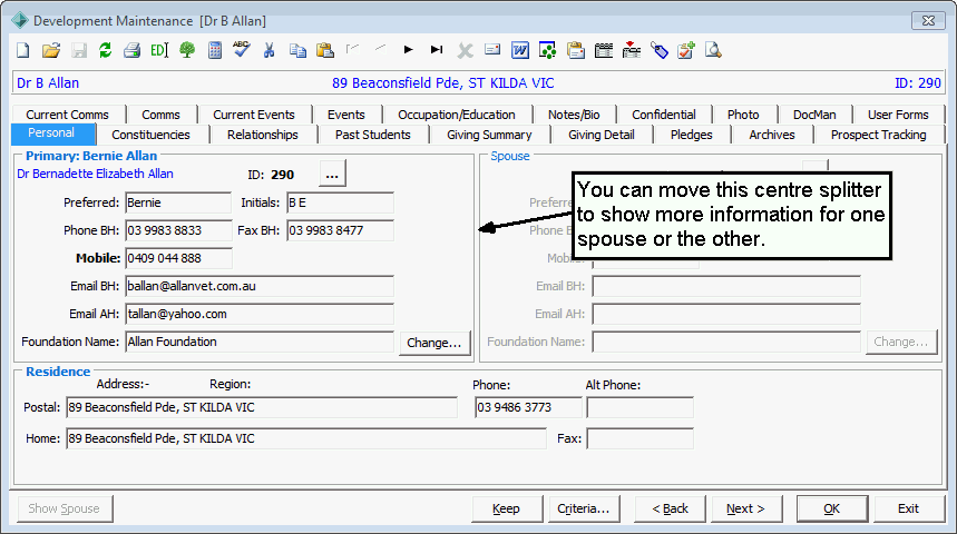 Development Maintenance - Personal tab - Using the centre splitter
