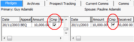 Development Maintenance - Pledges tab (Cmp field, highlighted)