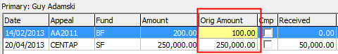 Development Maintenance - Pledges tab (cutdown, Orig Amount field highlighted)