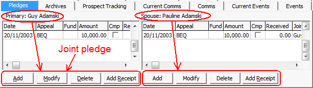 Development Maintenance - Pledges tab (cut down)
