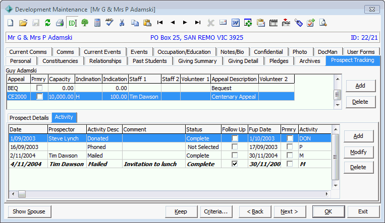 Development Maintenance - Prospect Tracking tab - Activity sub tab