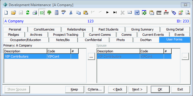 Development Maintenance - User Forms tab