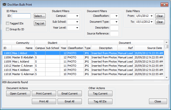 DocMan Bulk Print window (cut down)