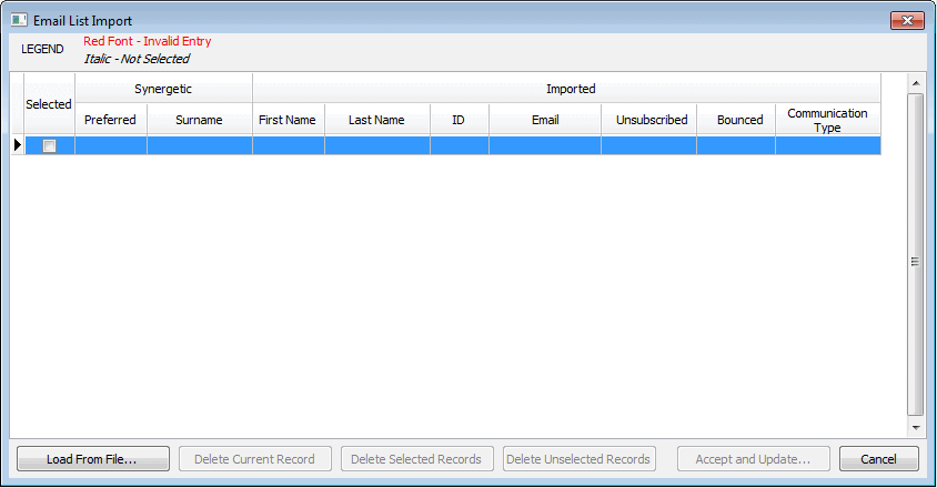 Email List Import window (initial)