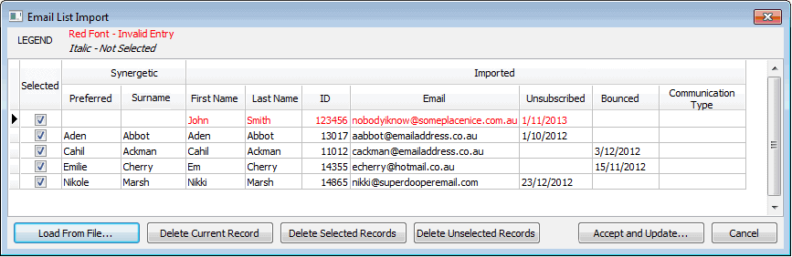 Email List Import window (populated)