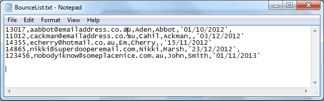 Email List Import window - Bounce List text file