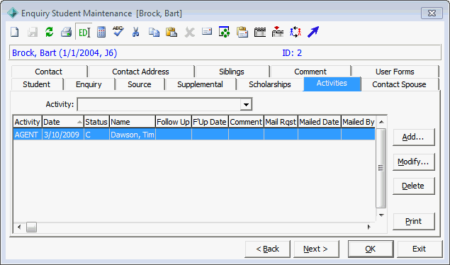 Enquiry Student Maintenance - Activities tab