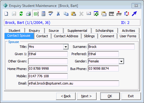 Enquiry Student Maintenance - Contact Spouse tab