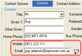 Enquiry Student Maintenance - Contact tab (Mobile/Email fields)