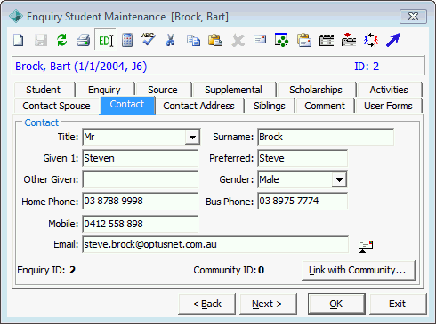 Enquiry Student Maintenance - Contact tab