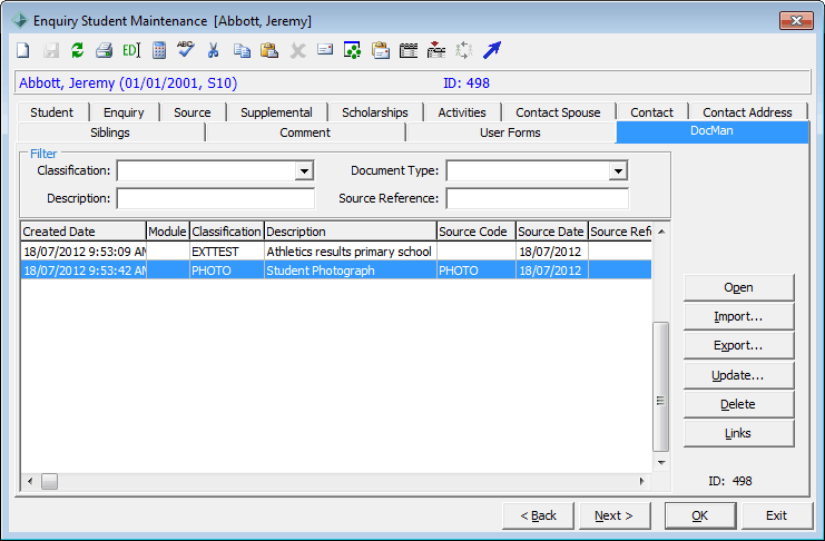 Enquiry Student Maintenance - DocMan tab