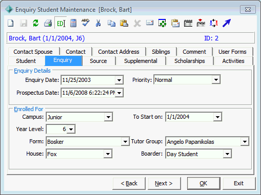 Enquiry Student Maintenance - Enquiry tab