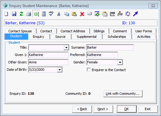 Enquiry Student Maintenance - Student tab
