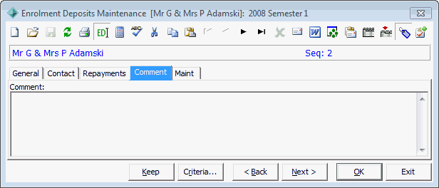 Enrolment Deposits Maintenance - Comment tab