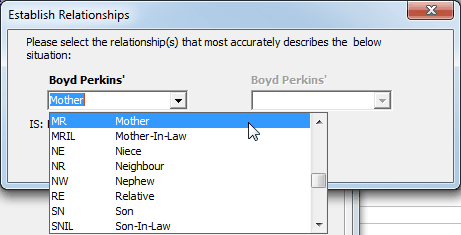 Establish Relationships window (drop-down expanded)