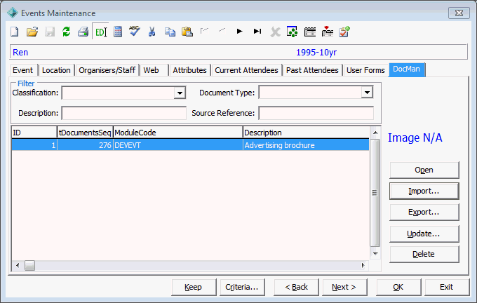 Event Maintenance - DocMan tab