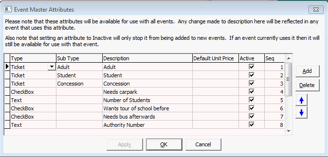 Event Master Attributes window