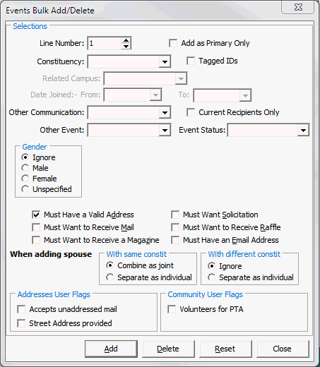 Events Bulk Add/Delete window