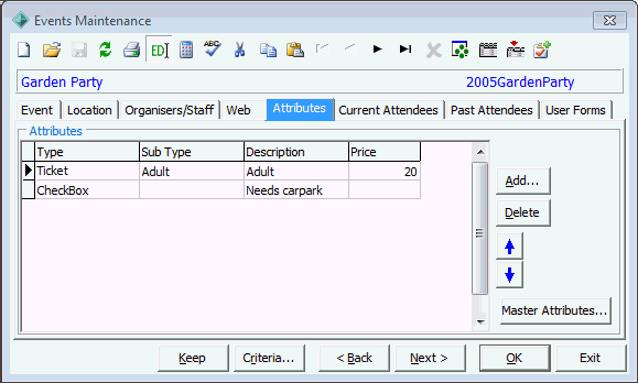 Events Maintenance - Attributes tab