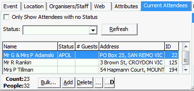 Events Maintenance - Current Attendees tab (cut down)