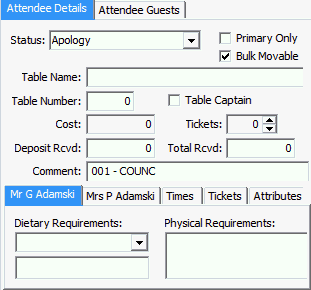 Events Maintenance - Current Attendees tab - Attendee Details sub-tab (cut down)
