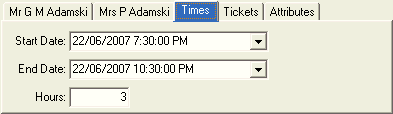 Events Maintenance - Current Attendees tab - Attendee Details sub-tab - Times sub-tab (cut down)
